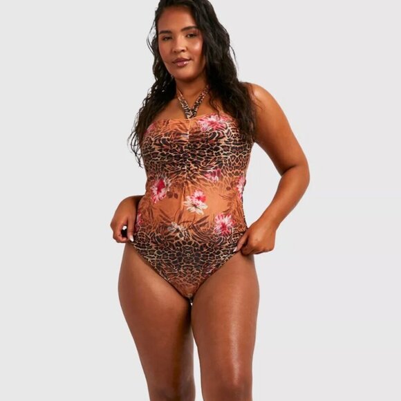 Boohoo Plus Tropical Leopard Bandeau Halter Tie Swimsuit - NWT - Size 24 - Picture 1 of 8
